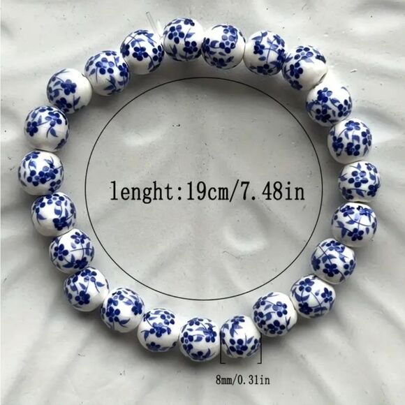 Blue Floral Porcelain Beaded Bracelet Retro White Vintage Vibes Stretch Band - Picture 4 of 6